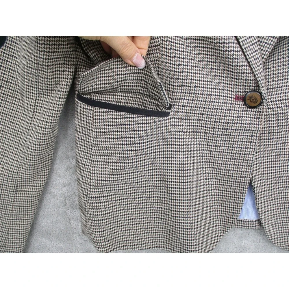 British Khaki Blazer Womens Medium Houndstooth Elbow Patch Academia Preppy Lined - Picture 5 of 10